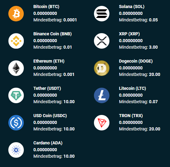 Die Liste der verfügbaren Kryptowährungen bei Ghostino.