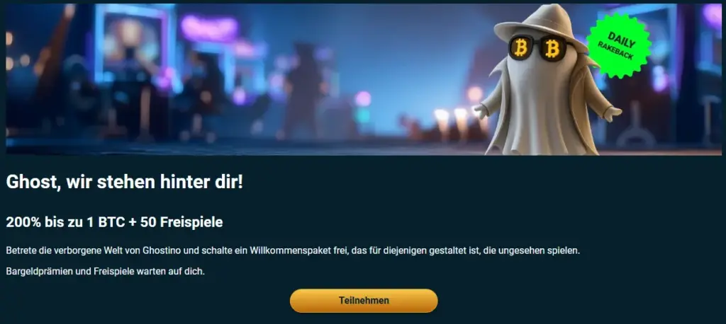 Das Banner und die Details des Willkommensangebots bei Ghostino.