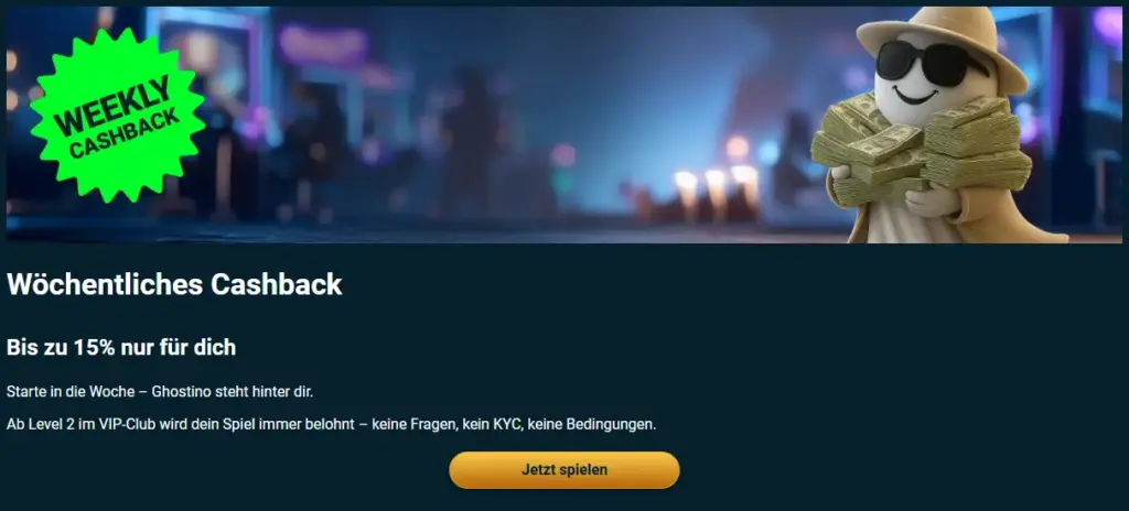 Banner für das wöchentliche Cashback-Angebot bei Ghostino.