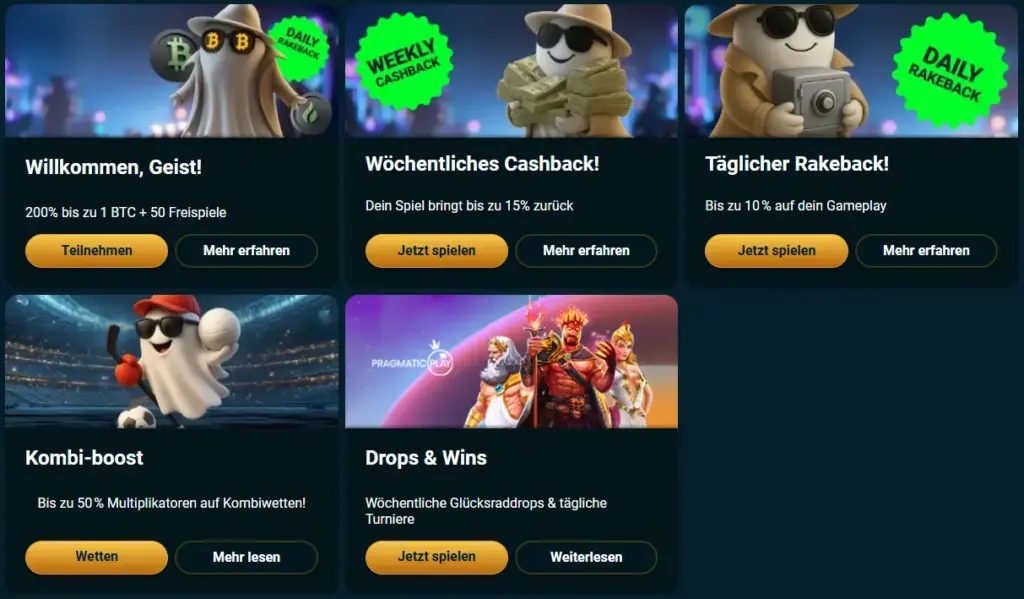 Die Ghostino Aktionsseite, auf der das verfügbare Angebot präsentiert wird.