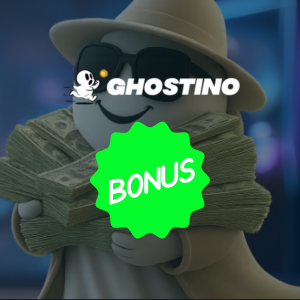 Eine Geister-Maskottchenfigur, die Bargeld unter dem Ghostion-Logo hält