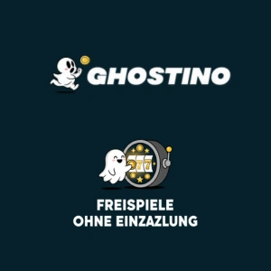 Logo von Ghostino oben mit einer Slot-Maschine, die drei Siebener-Symbole zeigt, und dem Text 'FREISPIELE OHNE EINZAHLUNG'.