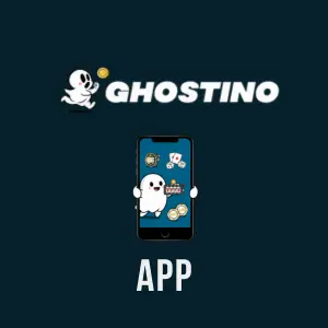 Ghostino App Werbebild mit Smartphone, Geist-Illustration und Coins auf dunklem Hintergrund.