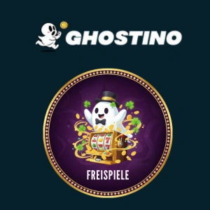 Ghostino-Logo mit einem Geist und dem Text "Freispiele" sowie einem Glücksrad mit einem Geist im Zylinder, der die Gewinne dreht.